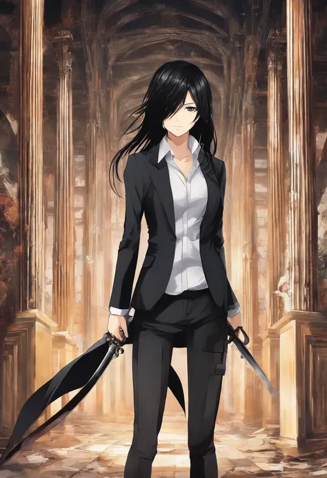 Mikasa Ackerman, with long black hair, Dressed in an elegant black suit, Walking through an abandoned house with the tip of a sword, super detailed image, Manga style, Full-HD、Zito-order