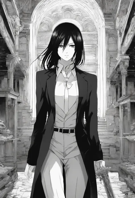 Mikasa Ackerman, with long black hair, Dressed in an elegant black suit, Walking through an abandoned house with the tip of a sword, super detailed image, Manga style, Full-HD、Zito-order