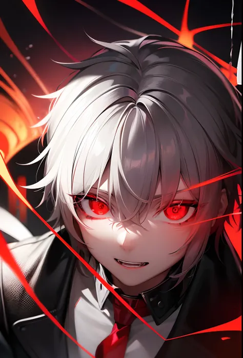 anime boy with red eyes and black jacket, with glowing red eyes, with red glowing eyes, luminous red eyes, his eyes are red and glowing, red eyes glowing, his eyes glowing red, glowing red eyes, fully red eyes no pupils, sharp red eyes, with red eyes, brig...