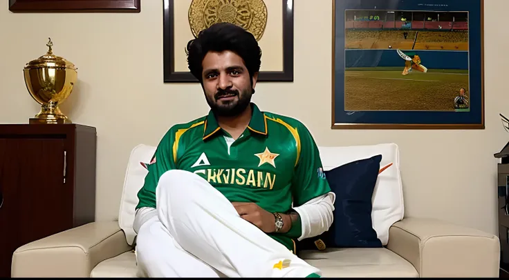 Please create a cartoon like picture of a Pakistani cricket fan sitting in a room with trophies around him watching a match between Pakistan and India on TV and the shirt he is wearing.  Zaman name is written on the back side of the shirt.