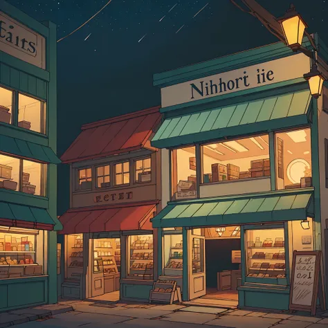 perfect anime illustration, An old little shop inside, the night, NOhumans, Accent lighting, dim lights, Old Grocery Store, Small Shop, Shop inside