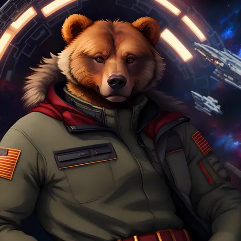 BrownBear, furry male anthro, portrait, close-up, olive jumpsuit, cropped jacket, grey jacket, red scarf, belt, solo, (body fur:1.2), (best quality), (detailed space jet background:1.2), dramatic lighting, (detailed fluffy fur:1.1), looking at viewer,