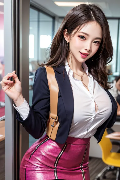 (1 Ultimate Beautiful Mature Woman)、hyperdetailed face、Detailed lips、A detailed eye、二重まぶた、Medium brunette hair, (Colorful tight mini skirt with colorful blazer and colorful blouse)、Office lady dancing in office room、((Opens mouth and laughs))、(Glamorous bo...