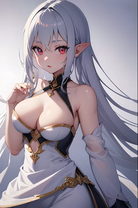 1girl, anime, cute girl, elf, blank background, white background, fantasy, detailed dark fantasy dress with highlights, beautiful face, beautiful eyes, dark colors, medium breasts, slight cleavage, beautiful skin, cute, silver hair, red eyes, breast curtai...