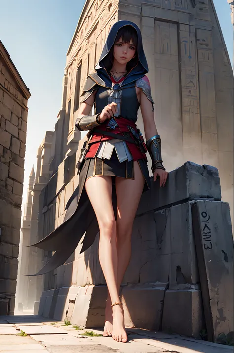 A  girl, Стиль Assassins Creed, Short Egyptian Sleeveless Dress, Little clothes, tattooed body, bare footed, ankle bracelets, on roof, Pyramid in the background, higly detailed, Realistic full-length photography, 4k