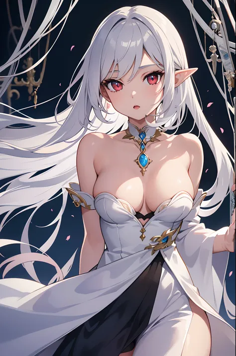 1girl, anime, cute girl, elf, blank background, white background, fantasy, detailed dark fantasy dress with highlights, beautiful face, beautiful eyes, dark colors, medium breasts, slight cleavage, beautiful skin, cute, silver hair, red eyes, breast curtai...