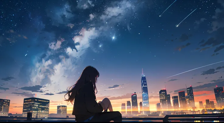 octans, sky, star (sky), scenery, starry sky, night, 1girl, night sky, solo, outdoors, building, cloud, milky way, sitting, tree, long hair, city, silhouette, cityscape --auto --s2