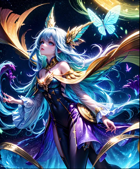 starrysky、Cute iridescent round monster、Iridescent grass々Drawing a butterfly flying over the water, Looking up at the starry sky. Surround her with colorful nebulae and colorful forests.