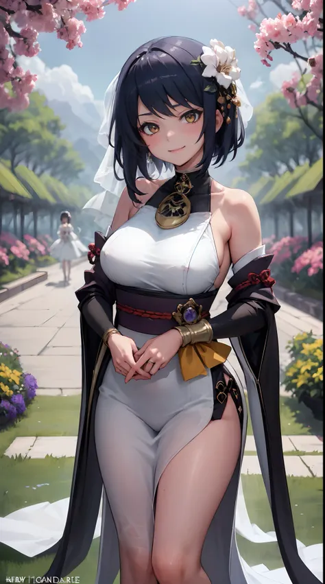 Kujou Sara | genshin impact, master-piece, bestquality, 1girls,25 years old, proportional body, proportional., Wedding Dresses, White Wedding Dress, Long skirt, wedding, ,bara, Standing in the middle of a flower garden, outdoor, wedding, The sky is beautif...