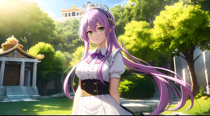 Athena with plain long light purple hair,hair between eyes,green eyes,rosy cheeks,full lips,thin eyebrows,slender body,maid uniform,praying beads on neck,cute anime girl,full body,athens temple in background,anime style,Lumen Reflections,Screen Space Refle...