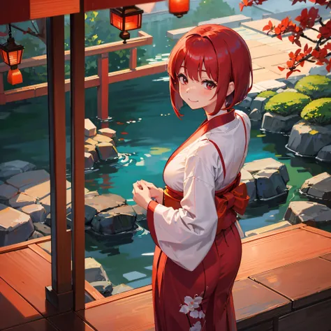 Woman in yukata、red hairs、a short bob、ryokan、traditional Japanese room、with light glowing、daytime、View of the Japan garden、(One Woman:1.2)、(tre anatomically correct)、A smile、top-quality