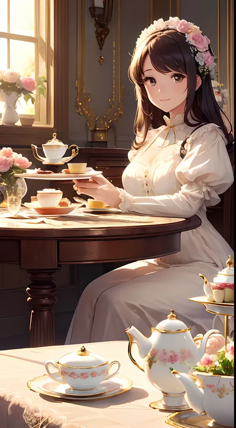 ((top-quality, ​masterpiece, hight resolution)), ((Realisticity)),ciinematic light、softlight、Vintage Victorian style、Afternoon Tea Time、on table、 Lace tablecloth、a cake、tea cup、Peony flowers in a vase、 Soft iridescent light、