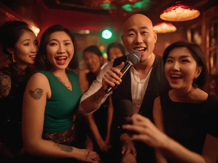 a financially successful Asian bald man in a Chinese karaoke bar, surrounded by young beautiful women wearing mini-skirts. The man is covered in tattoos and has a medium build. Several women are holding onto him as he sings into a microphone.

Medium: real...