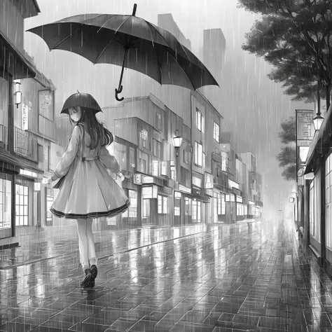 a girl with an umbrella in the rain, kawaii rainy gloomy, anime style drawing, clean anime outlines, cute art style, beautiful drawing style, clean lineart, line art!!, traditional drawing style, kawaii anime manga style, raining!!, kawaii manga style, cut...