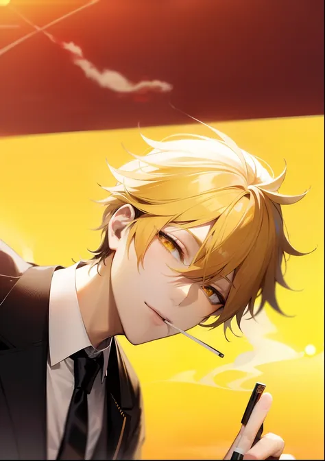 anime guy with cigarette in hand holding a cigarette in front of a sunset, ((sunset)), blonde hair, yellow eyes, black suit, black tie,he is smoking a cigarette, anime, in an anime style, sunset, high res, ultrasharp, 8k, masterpiece, looking at viewer