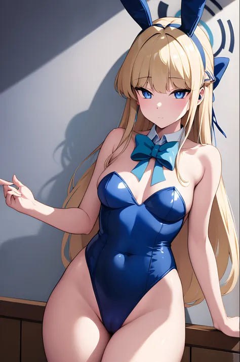 (masterpiece, best quality:1.2), cowboy shot, solo, 1girl, tokibunny, playboy bunny, expressionless, closed mouth, long blonde hair, fake animal ears, blue eyes, blue leotard, blue bow