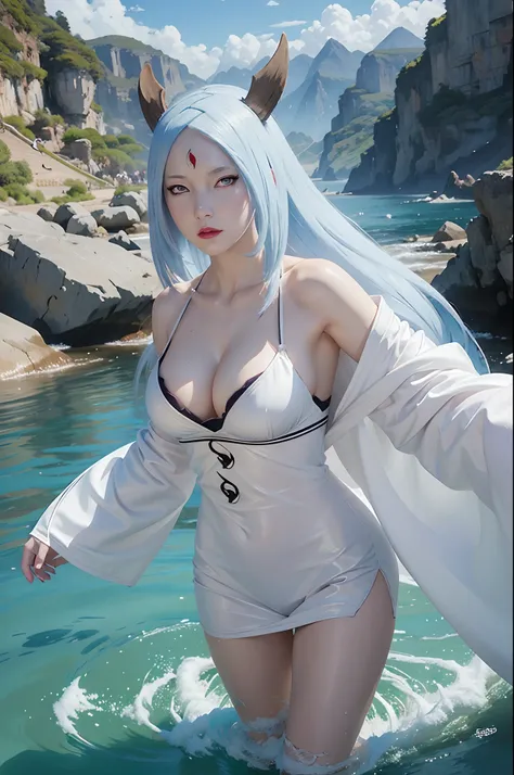 a girl with horns and a white robe showing breasts walking in the water, cleavage, kaguya otsusuki, white haired god, white skin color, white colored skin, white colored body skin, onmyoji, onmyoji detail art, onmyoji portrait, anime epic artwork, works an...