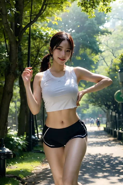 “A busty beauty taking a shortcut while running with her dog in the park, gently perspiring with slightly damp skin. A sunny Sunday morning with the strong sun shining down, amidst a well-organized tree-lined path through the large forest.”