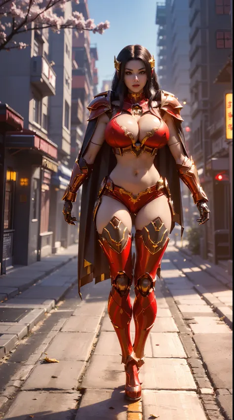 1GIRL, SOLO, (ssmile, makeup, beautifull eyes, red libs, shiny black hair, gold dragon helm), (HUGE FAKE BOOBS:1.3), (GUARD ARM), (red, IN FUTURISTIC DRAGON ARMOR CROP TOP, GIRL IN MECHA CYBER ARMOR, ROYAL CAPE, CLEAVAGE, SKINTIGHT HOTPANTS, HIGH HEELS:1.5...