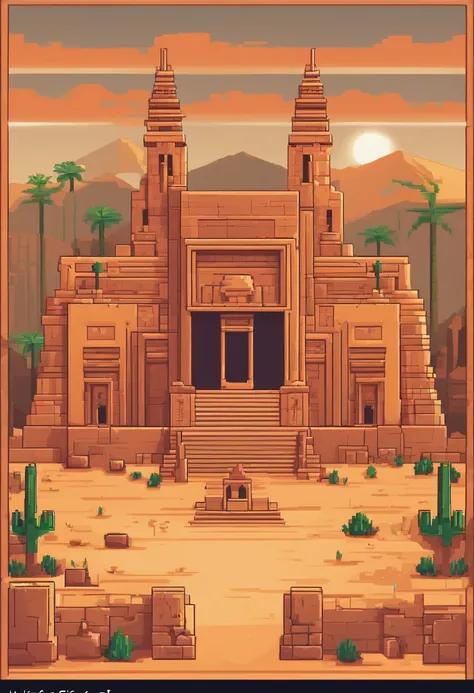 pixel art of a desert scene with a small building and cactus trees, desert temple, style of monument valley, detailed pixel art, pixel art style, concept pixelart, #pixelart:3, ancient epic tower in the desert, beautiful detailed pixel art, detailed pixel ...