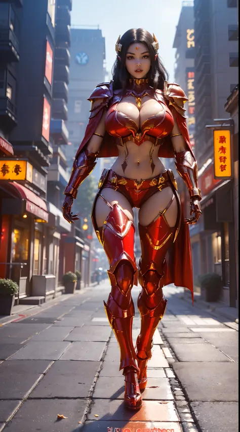 1GIRL, SOLO, (ssmile, makeup, beautifull eyes, red libs, shiny black hair, gold dragon helm), (HUGE FAKE BOOBS:1.3), (GUARD ARM), (red, IN FUTURISTIC DRAGON ARMOR CROP TOP, GIRL IN MECHA CYBER ARMOR, ROYAL CAPE, CLEAVAGE, SKINTIGHT HOTPANTS, HIGH HEELS:1.5...