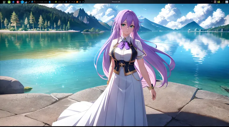 Athena with plain long light purple hair,hair between eyes,green eyes,rosy cheeks,full lips,thin eyebrows,slender body,school dress and long skirt,praying beads on neck,cute anime girl,full body,vibrant lake in background,anime style,Lumen Reflections,Scre...