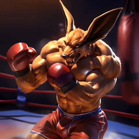 kurama, wearing boxing gloves, 4k, high resolution, best quality, posted on e621, solo, anthro body, male, adult, very masculine, (very muscular, very defined muscles, strong pectorals, large pecs, muscular arms, muscular legs, heavyweight:1.2), correct an...