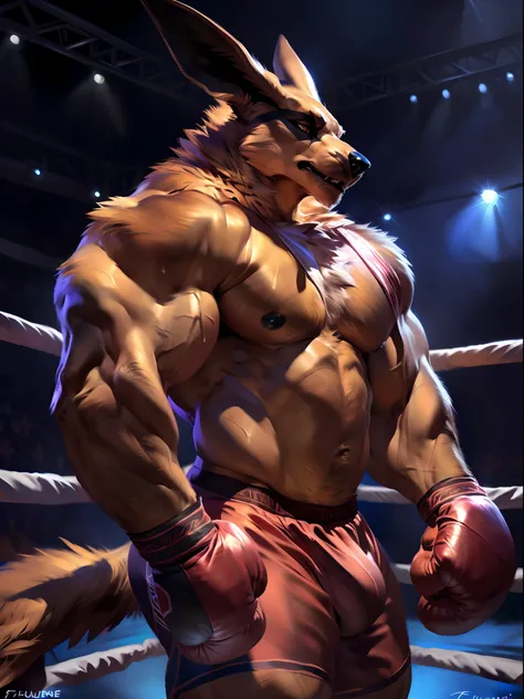 muscular anthro lora:kurama wearing boxing gloves. 4k, high resolution, best quality, perfect colors, perfect shadows, perfect lighting, posted on e621, furry body, solo, anthro kurama, body hair, older, male, adult, masculine, (heavily muscular, large mus...