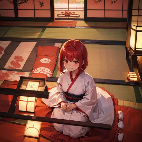 Woman in yukata、red hairs、a short bob、traditional Japanese room、ryokan、futon bedding、inside in room、with light glowing、Daytime、View of the Japan garden、(One Woman:1.2)、(tre anatomically correct)、A smile、top-quality、Tatami mats、Short table