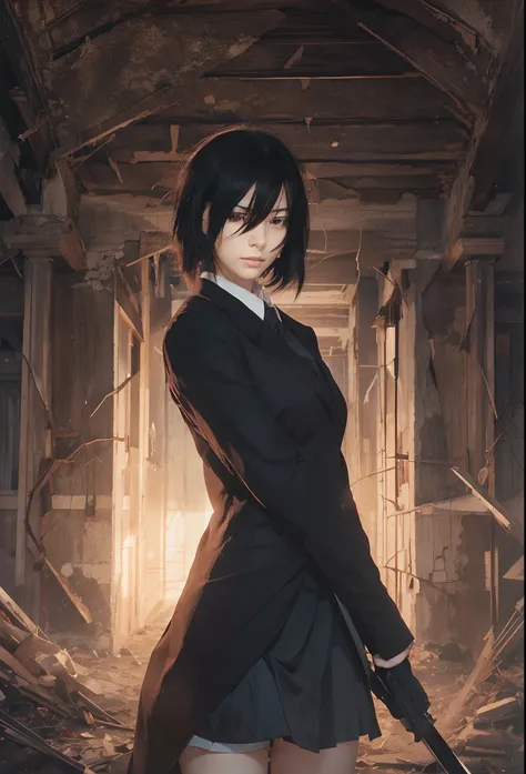 Mikasa Ackerman, with long black hair, Dressed in an elegant black suit, Walking through an abandoned house with the tip of a sword, super detailed image, Manga style, Full-HD、Zito-order