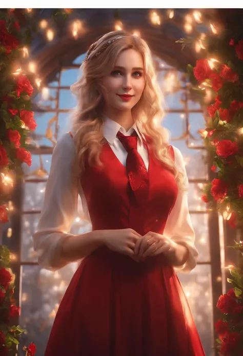 Highly detailed, 8K, Masterpiece, 1girll, red necktie_Hair, dress , crazy_Smile, (Perfect_face), Detailed_Background, full_Body, full bloom,(Beautiful lighting:1.3), Caustics, Dynamic lighting, From_Below