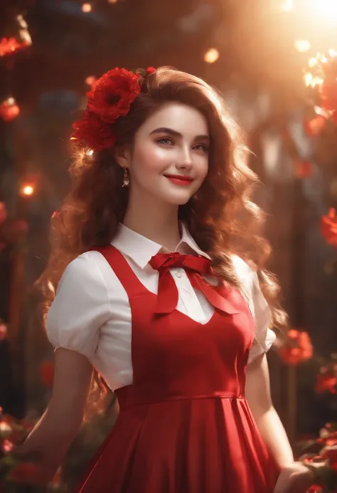 Highly detailed, 8K, Masterpiece, 1girll, red necktie_Hair, dress , crazy_Smile, (Perfect_face), Detailed_Background, full_Body, full bloom,(Beautiful lighting:1.3), Caustics, Dynamic lighting, From_Below