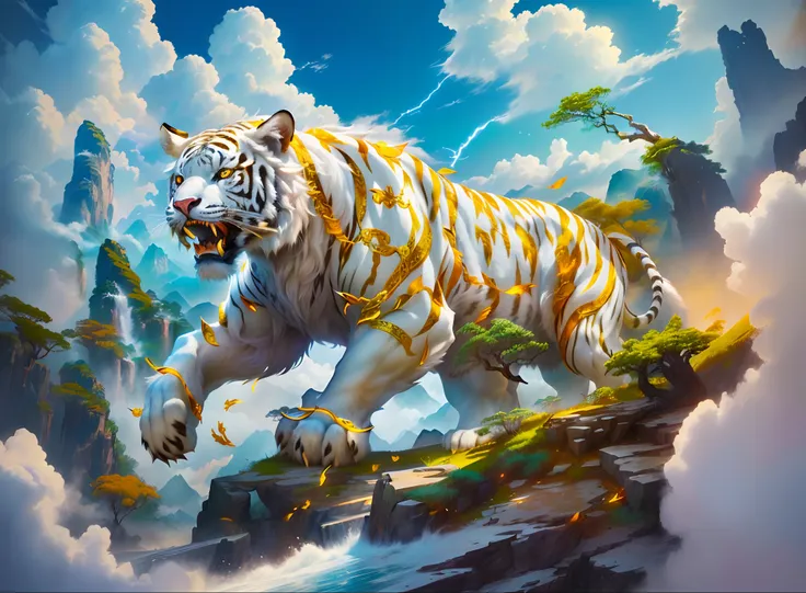 (Best quality,tmasterpiece, iintricate,hyper-detailing，extremely detailed CG unity wallpaper) ,dahuangdongjing，A mythical beast in Chinese mythology(the white tiger),The white tiger resembles a huge white tiger，Huge and powerful。It has a majestic body and ...