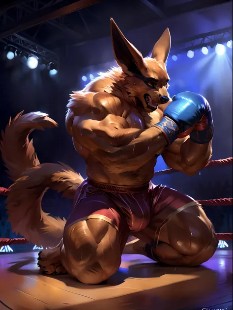 muscular anthro lora:kurama wearing boxing gloves. 4k, high resolution, best quality, perfect colors, perfect shadows, perfect lighting, posted on e621, furry body, solo, anthro kurama, body hair, older, male, adult, masculine, (heavily muscular, large mus...