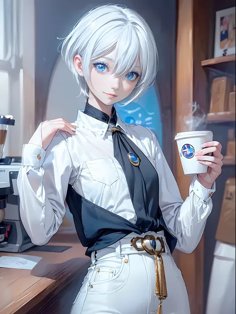 ((4K works))、​masterpiece、(top-quality)、1 beutiful girl、Slim body、tall、((Black Y-shirt and white pants、Attractive denim corde style))、(Detailed beautiful eyes)、Daytime coffee shop、((Bright coffee shop))、For a date at a fashionable coffee shop、((Face simila...