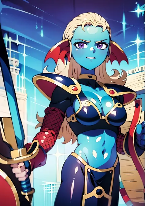 8K,High quality,Anime,married,Beautiful woman,Bright,Eye Highlights,Purple eyes,Sexy,ultra gigantic tits,oversized tits,Dark blue ,Erotic,beautiful line art. Blue skin, Blue and orange gradient fins, Black Bikini Armor, holding swords, Holding Shield, Beje...