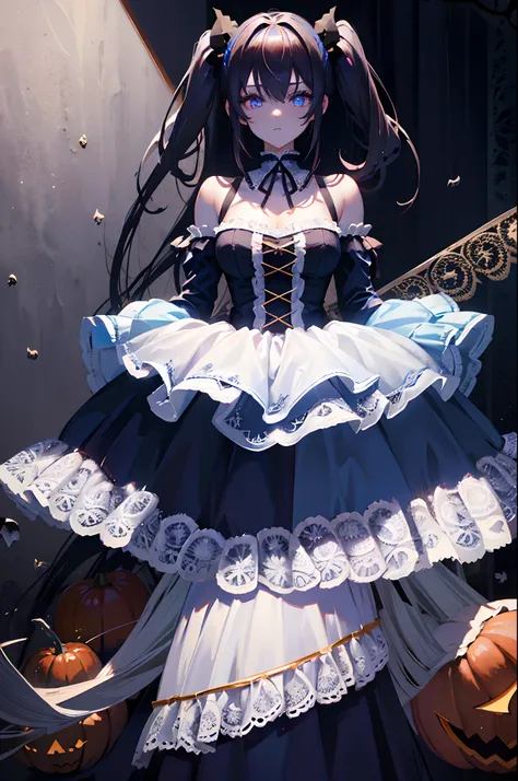 Dark hair　blue eyess　Twin-tailed　borgar　Halloween　white lace dress　pumpkins　​masterpiece　Top image quality　Clear　anime colours　cinematic shadow　Increased attractiveness of the eyes　Clear the shine of the eyes　Draw eyelashes neatly　Perfect Eye　A detailed ey...