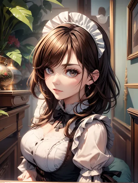 Best Quality, masutepiece, beautiful mature women、Beautiful face、Strong-minded woman、brown haired、(Brown-eyed)、Longhaire、Undersized eyes、(((Edwardian maid)))、poneyTail