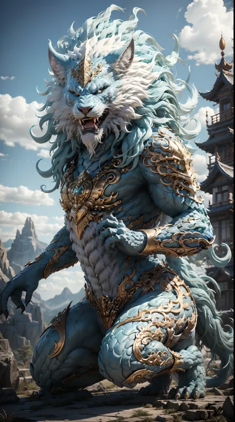 A mythical beast anthropomorphic、banya，tmasterpiece，Toenails，pale-blue，sickle，salama，Layered hair，火焰，white colors，Fur，pastel green，metall armour，Great Wilderness East Meridian，dream-state、fanciful、超高分辨率，high high quality，Export details