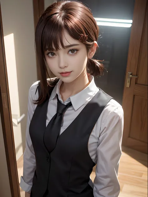 tmasterpiece，best qualtiy，ultra - detailed，illustratio，epic lighting，cinematic compositions，isometry，1girl，独奏，adolable，with brown eye，black color hair，sweeping bangs，single hair，red hair clips，blouse with a white collar，black necktie，Black pantsuit，formal，...