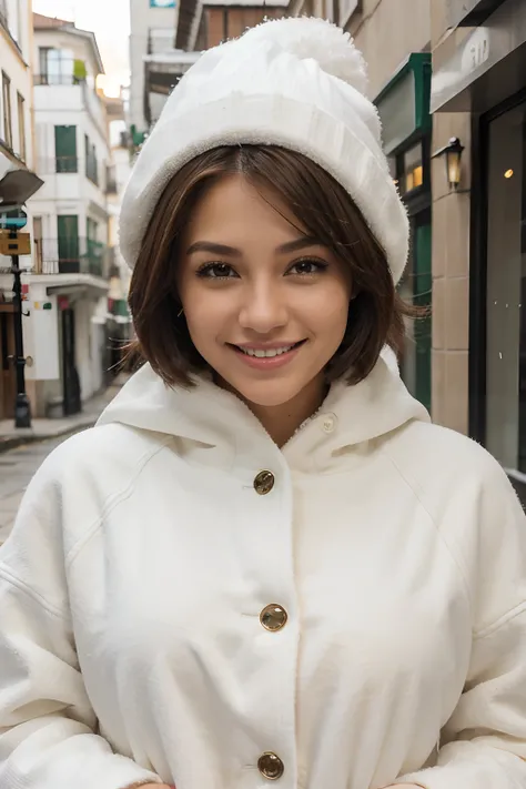 chica sexy colombiana, tez blanca, ojos grandes verdes, short brown hair, maquillaje natural, Winter outfit smiling for a photograph