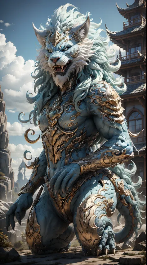 A mythical beast anthropomorphic、banya，tmasterpiece，Toenails，pale-blue，sickle，salama，Layered hair，火焰，white colors，Fur，pastel green，metall armour，Great Wilderness East Meridian，dream-state、fanciful、超高分辨率，high high quality，Export details