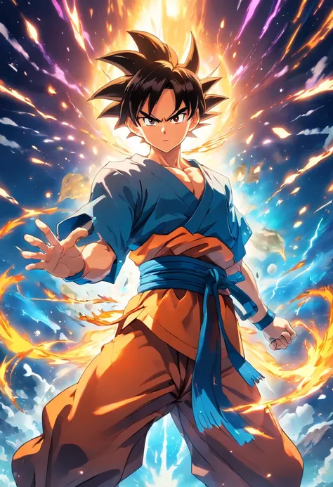 Best quality,Ultra-detailed,Realistic,Goku does Genki Daima,anime big breast,energy sphere,Kamehameha,Aura,Martial arts,Fight armored warriors,Powerful attack,Vibrant colors,Dynamic pose,Intense battle scenes,special effects，floating rocks,The dramatic lig...