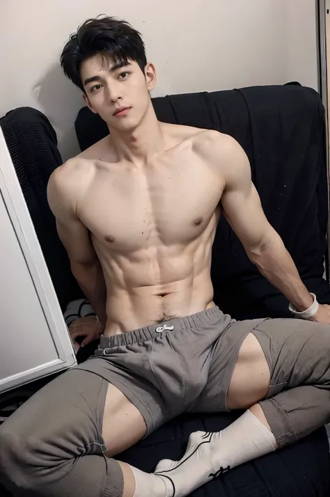 1 handsome guy，Handsome，Male college student，Kim so-hyun，hostel，Play games，musculous，hairy bodies，slippers，White socks，Abs, chest muscle,，Dark gray casual sweatpants（Detailed eyes：1.3），Black eyes，full bodyesbian，