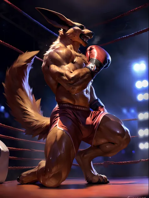 muscular anthro lora:kurama wearing boxing gloves. 4k, high resolution, best quality, perfect colors, perfect shadows, perfect lighting, posted on e621, furry body, solo, anthro kurama, body hair, older, male, adult, masculine, (heavily muscular, buff:1.2)...