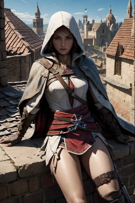 naked girl, assassins creed, cape and gloves, ankle bracelets, belts on body, laying on the roof, medieval town, high detailed, ultrarealistic full-lenght photo, 4k