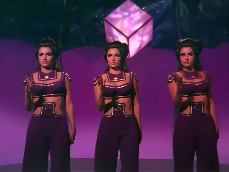 3 bodacious seductive young girls in front of purple background, with elaborately coiffed black hair with large side rolls, wearing purple genie bikini outfits, perfect delicate fingers, perfect delicate hands, perfect delicate feet, perfect delicate legs,...