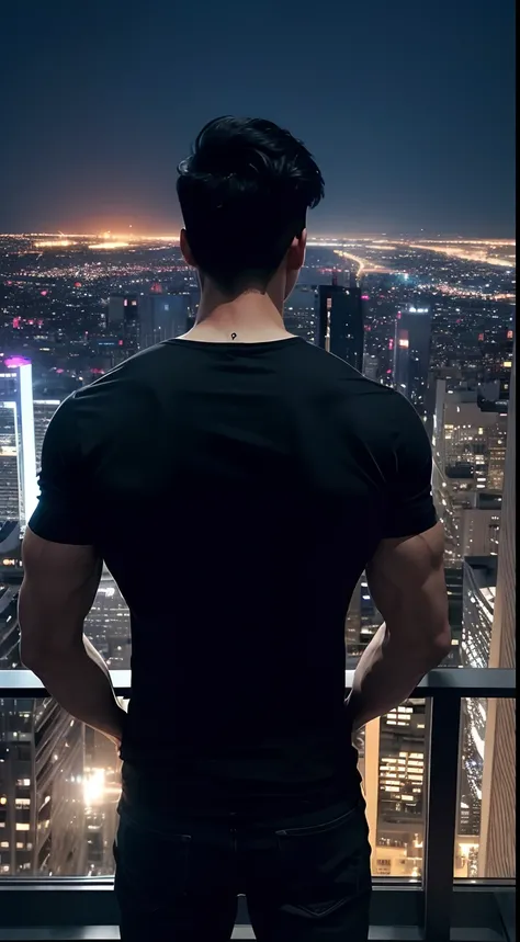 A tall guy standing inside the building, night city view, beautiful view, tall muscular guy, short hair, black hair, back view, tshirt