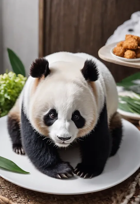 Capture the heartwarming moment of a giant fluffy panda seated at a indian restaurant table, crowded restaurant, savoring a plate of nasi lemak, fried chicken, and a glass of ice milo. The pandas face should light up with pure happiness and surprise, with ...