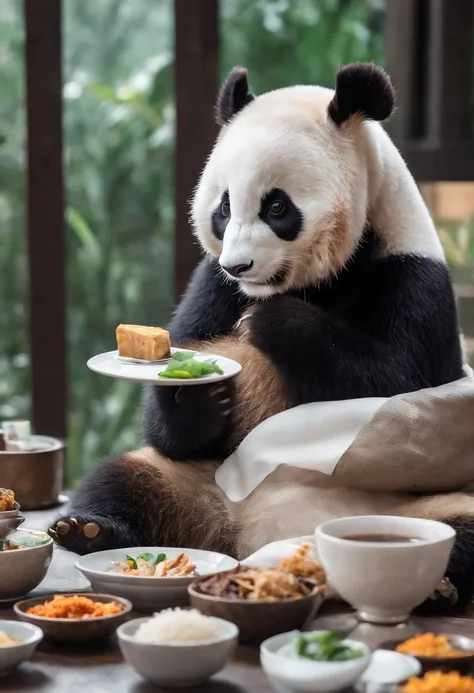 Capture the heartwarming moment of a giant fluffy panda seated at a indian restaurant table, crowded restaurant, savoring a plate of nasi lemak, fried chicken, and a glass of ice milo. The pandas face should light up with pure happiness and surprise, with ...